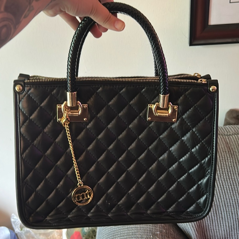 Mia Tomazzi Leather Quilted Hand Bag With Gold Accent Hardware